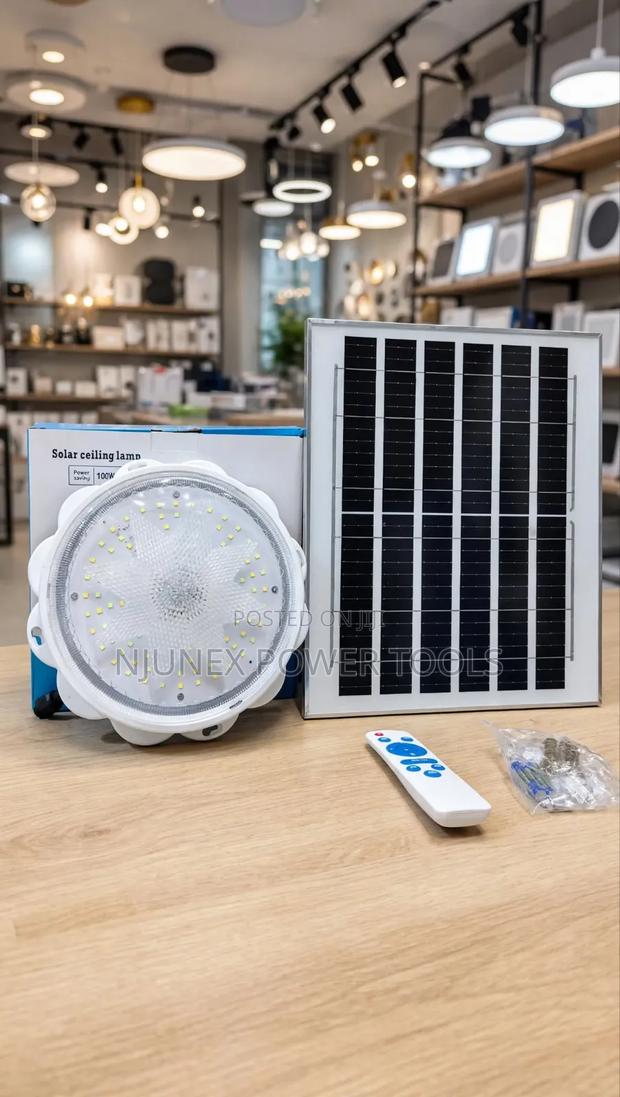 100W Solar Ceiling Lamp Kit That Includes a Round LED Light - main view