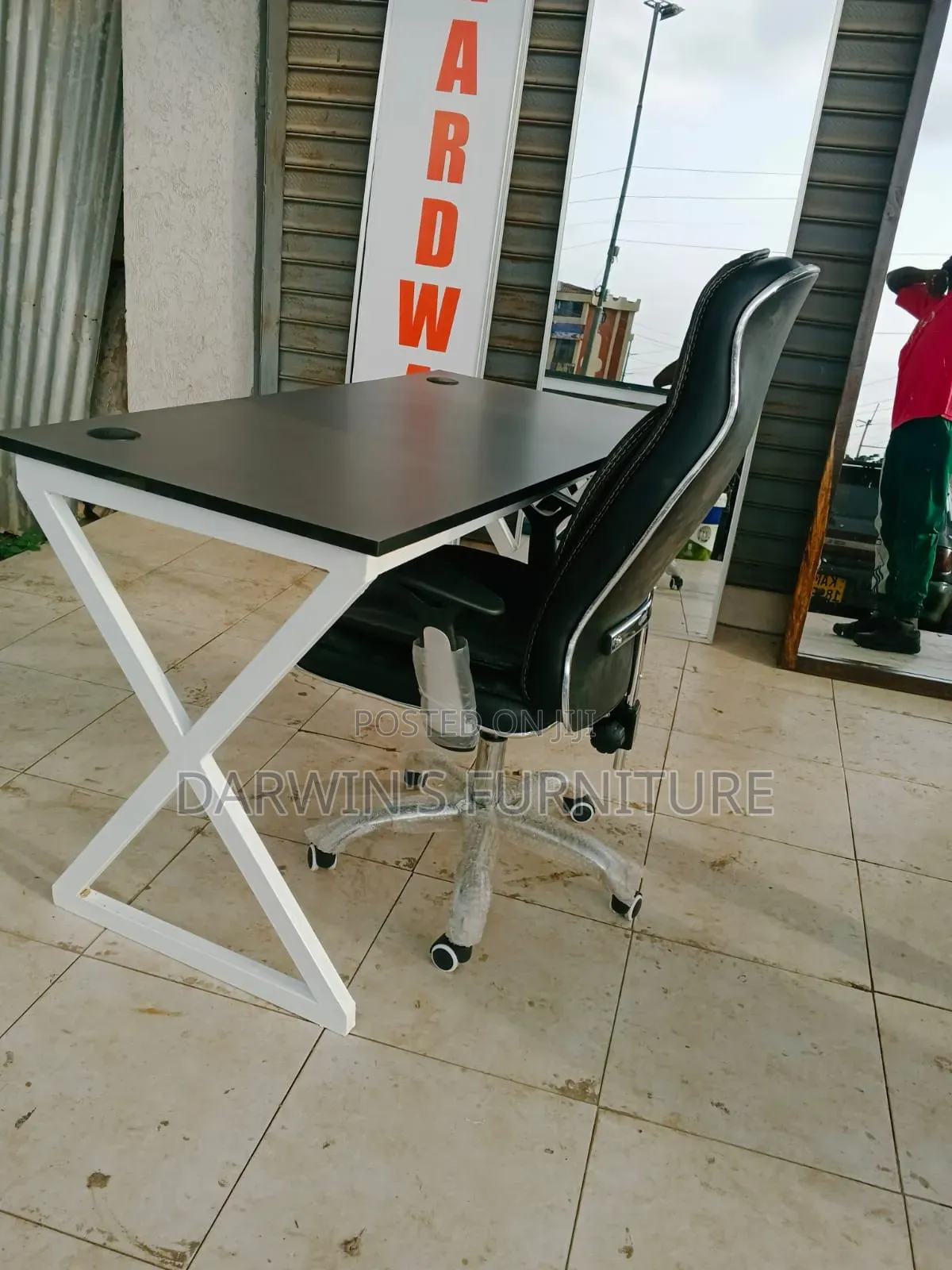Metallic Table and Strong Leather Chair