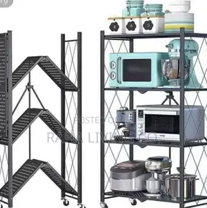 4-Tier Foldable Kitchen Rack | Wheels | 71x34x160cm | Black
