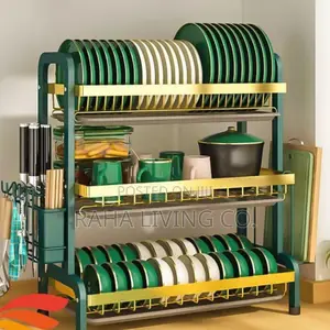 3-Layer Dish Rack | Cutlery Holder | Drip Tray | Green Gold
