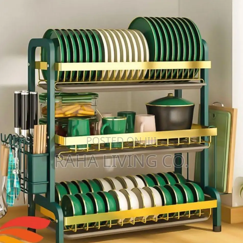 3-Layer Dish Rack | Cutlery Holder | Drip Tray | Green Gold