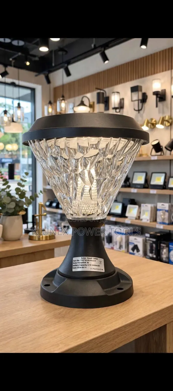 Round Solar Gate Pillar Lamp With a Textured, Crystalline Lampshade