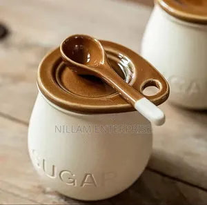 Vintage Ceramic Sugar Jar With Lid and Spoon.