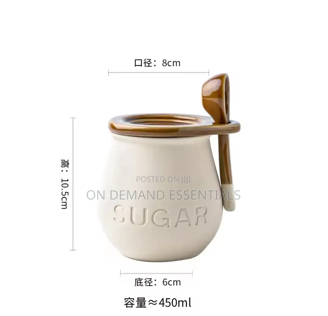 Vintage Ceramic Sugar Jar With Lid and Spoon. Capacity: 450ml
