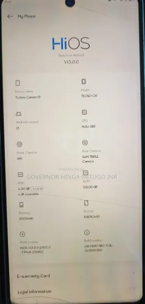 Tecno Camon 19 128 GB Blue