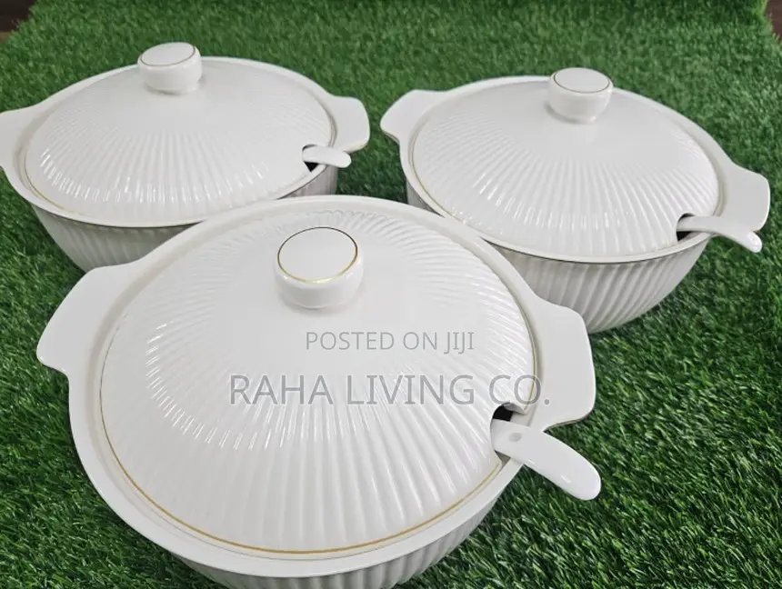 3-in-1 Ceramic Serving Dishes With Lids and Spoons | White Gold Rim