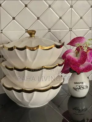 3pc Oval Porcelain Serving Bowls With Lid | Gold Rim | 3 Sizes