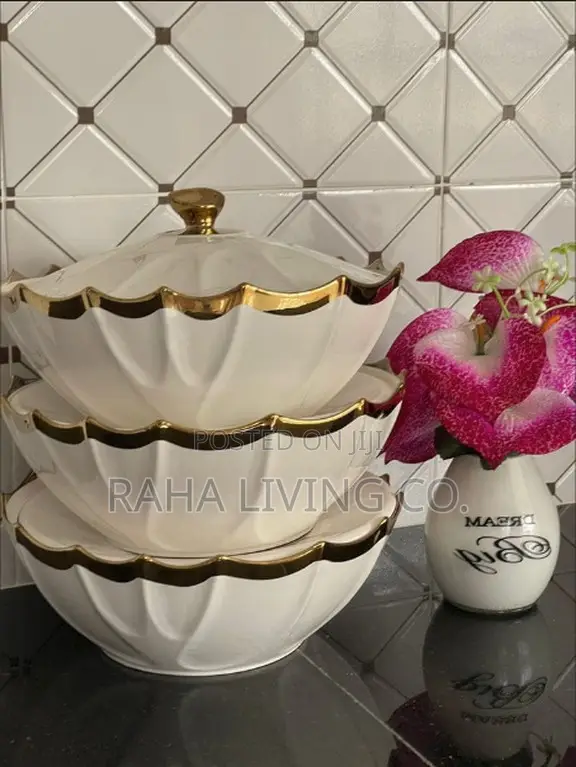 3pc Oval Porcelain Serving Bowls With Lid | Gold Rim | 3 Sizes