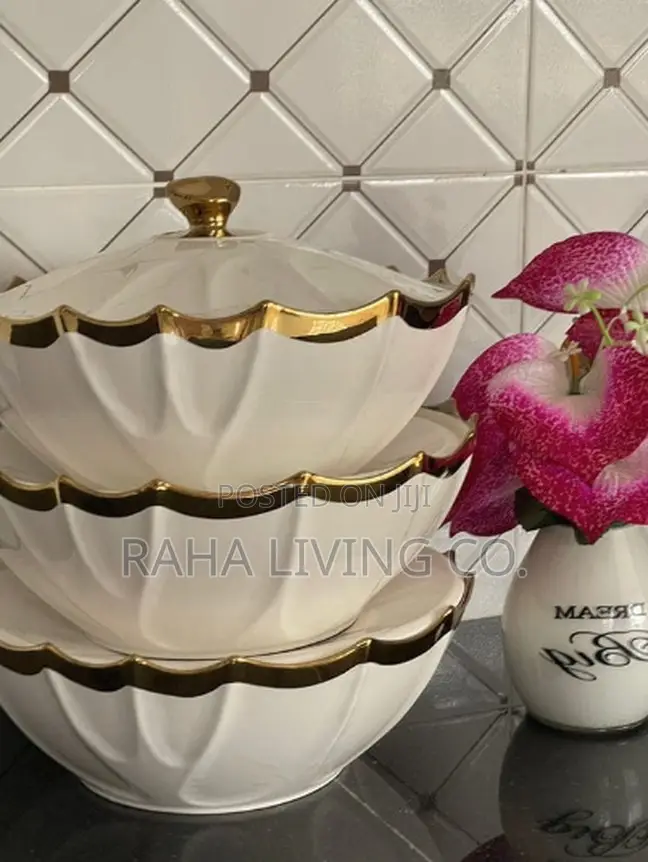 3pc Oval Porcelain Serving Bowls With Lid | Gold Rim | 3 Sizes