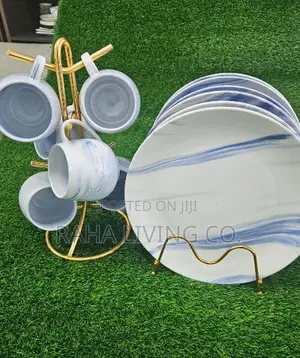 12pc Marble Dinner Plates and Mugs Set | Ceramic | With Stands