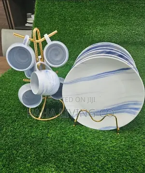 12pc Marble Dinner Plates and Mugs Set | Ceramic | With Stands