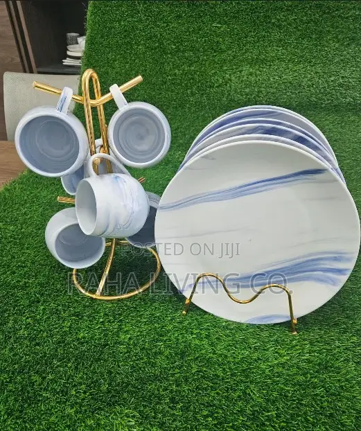 12pc Marble Dinner Plates and Mugs Set | Ceramic | With Stands