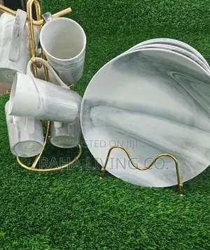 12pc Marble Dinner Plates and Mugs Set | Ceramic | With Stands