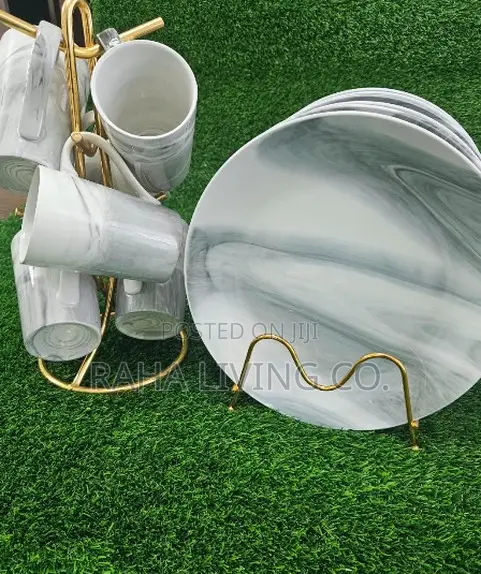 12pc Marble Dinner Plates and Mugs Set | Ceramic | With Stands