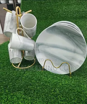 12pc Marble Dinner Plates and Mugs Set | Ceramic | With Stands