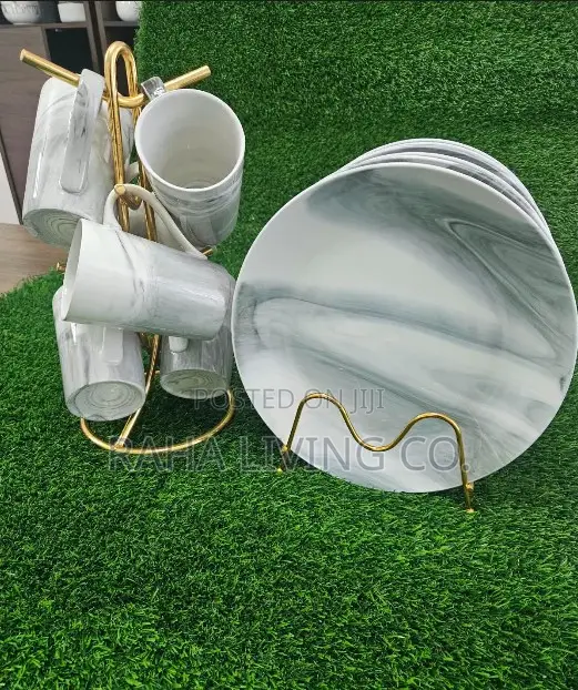 12pc Marble Dinner Plates and Mugs Set | Ceramic | With Stands