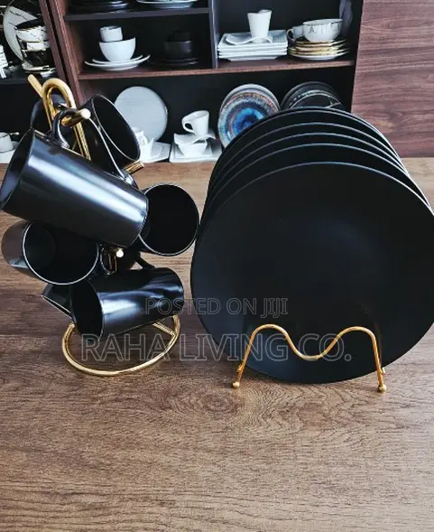 12pc Matte Black Dinner Plates and Mugs Set | Ceramic | With Stands