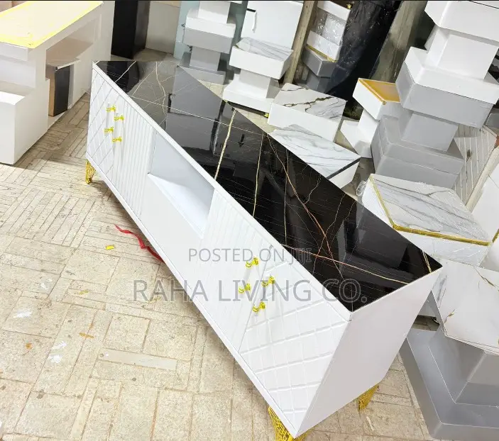 Executive Box TV Stand | Black Marble Top | Gold Legs | White