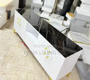 Executive Box TV Stand | Black Marble Top | Gold Legs | White