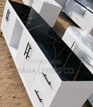Executive Ribbed TV Stand | Black Marble Top | Black Handles | White