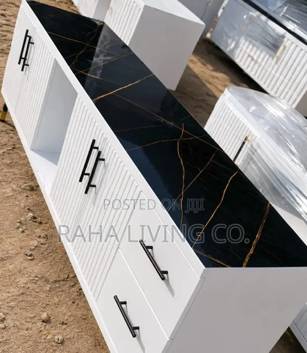 Executive Ribbed TV Stand | Black Marble Top | Black Handles | White