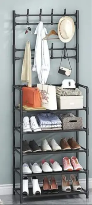 5 Tier Shoe Rack With Coat Hooks | 60x30x171cm | White Black