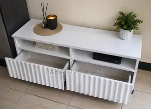 Modern White Fluted Drawer TV Stand With Open Shelves