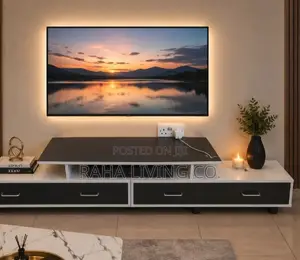 Modern Black and White TV Stand With Two Drawers on Wheels