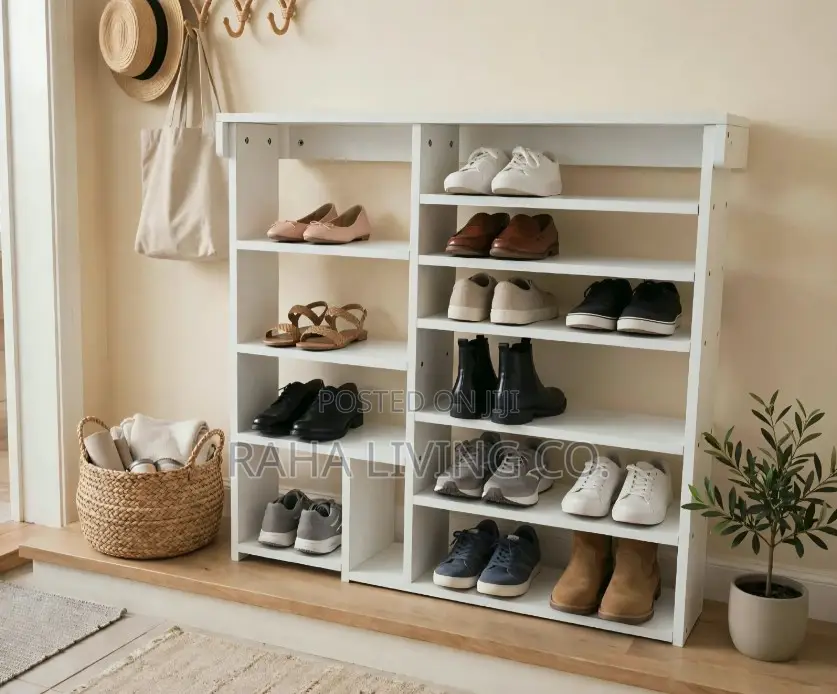 Multi Tier White Shoe Rack Cabinet With Open Shelves