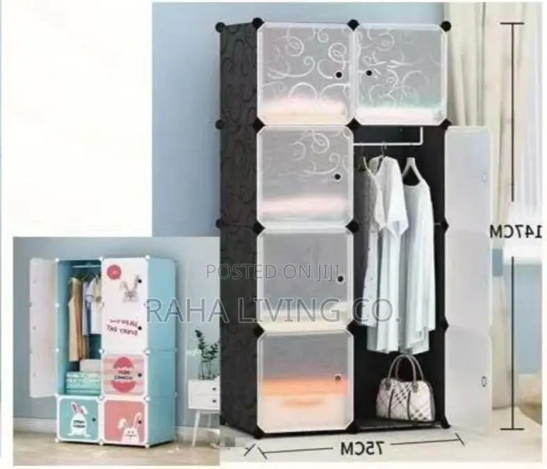Portable 8 Cube Plastic Wardrobe With Hanging Rail