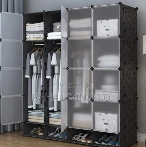 Portable 16 Cube Plastic Wardrobe With Two Hanging Rails