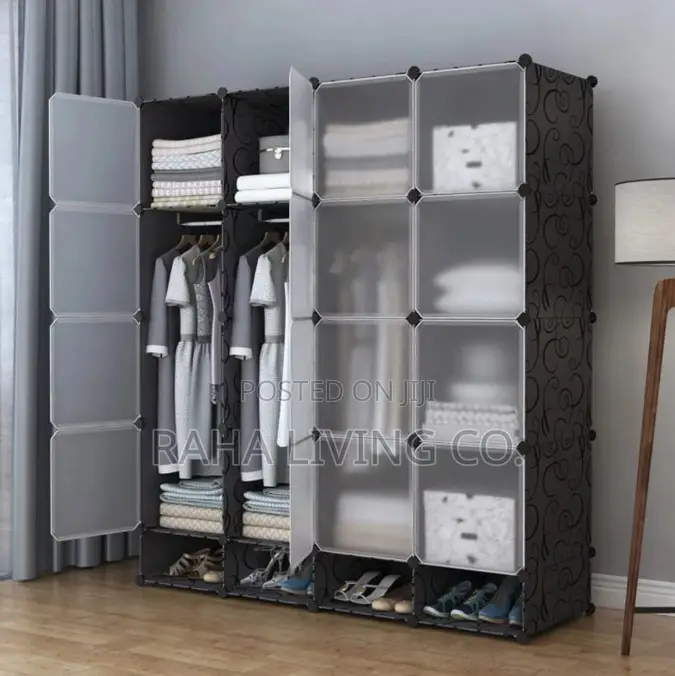 Portable 16 Cube Plastic Wardrobe With Two Hanging Rails