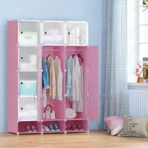 Portable 3 Column Plastic Wardrobe in Pink and Blue