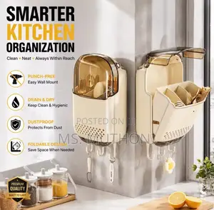 Wall Mounted Punch-Free Cutlery Holder With Lid and Drain Hole.