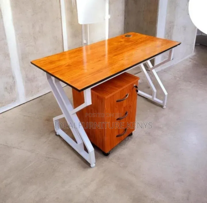 Modern Office Desk With 3-Drawer Mobile Pedestal & White X-Leg Frame