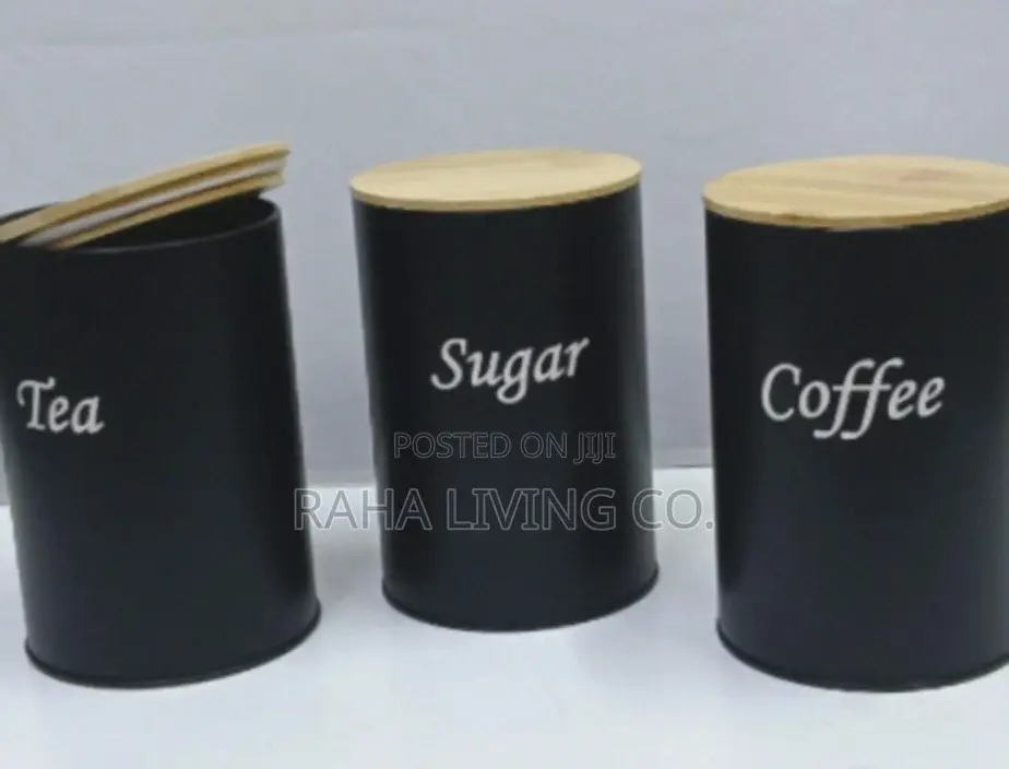 3pc Coffee Sugar Tea Canister Set | Black Metal | Bamboo Lids