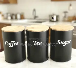 3pc Coffee Sugar Tea Canister Set | Black Metal | Bamboo Lids