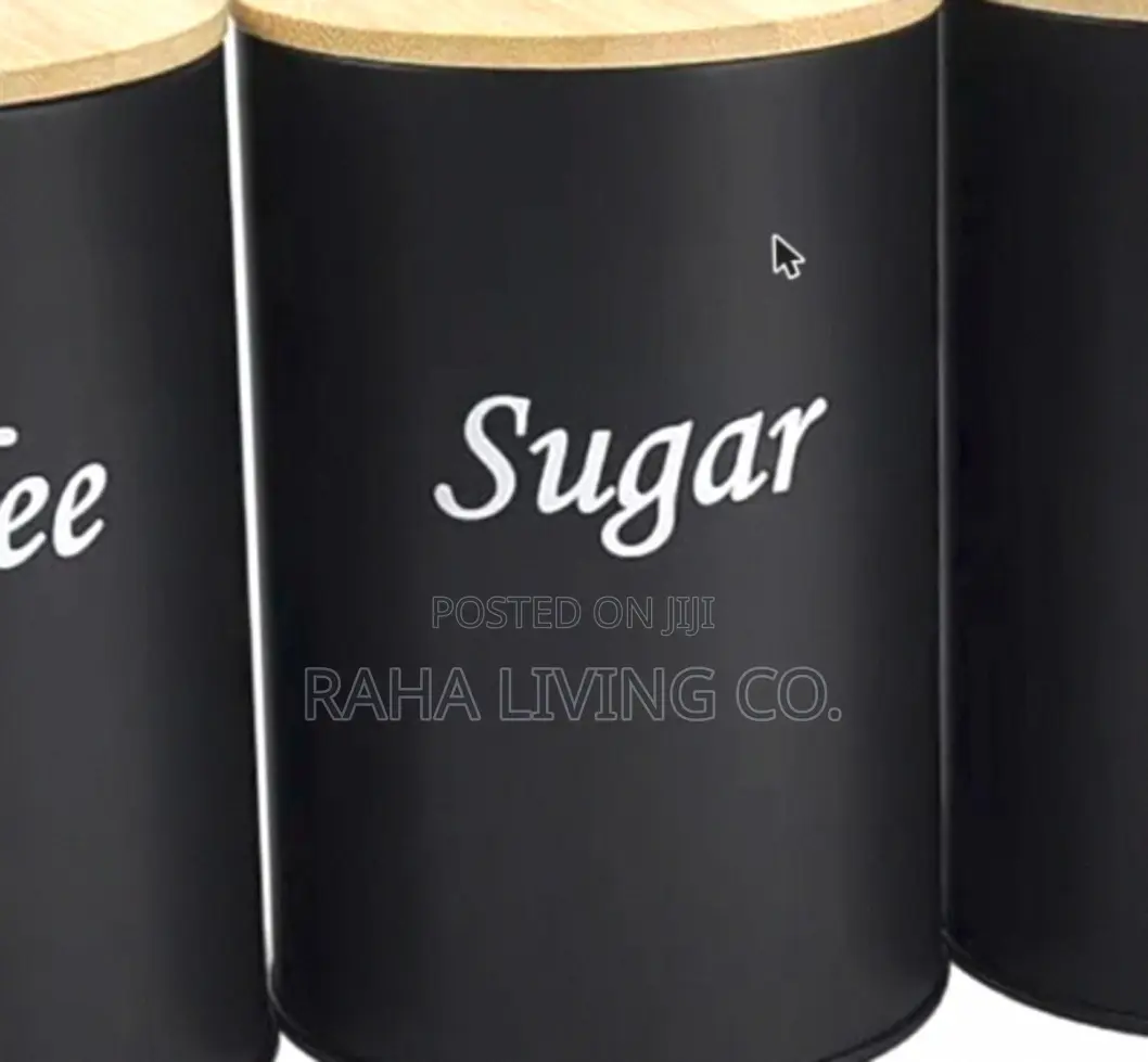 3pc Coffee Sugar Tea Canister Set | Black Metal | Bamboo Lids
