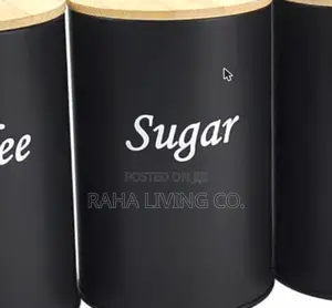 3pc Coffee Sugar Tea Canister Set | Black Metal | Bamboo Lids