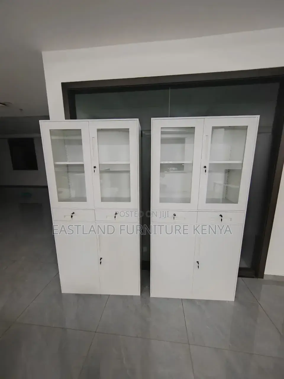 White Glass-Front Office Storage Cabinet