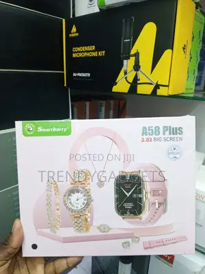 A58 Plus Smart Watch 8-in-1 Gift Set With Pink Strap & Jewelry