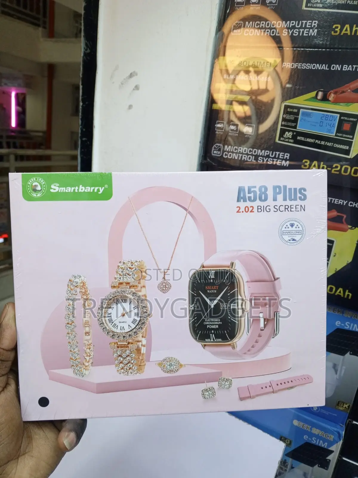 A58 Plus Smart Watch With Jewelry & Pink Strap Gift Set