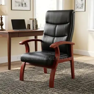 Office Chair; Mahogany Frame Leather Executive Sturdy Waiting Seat