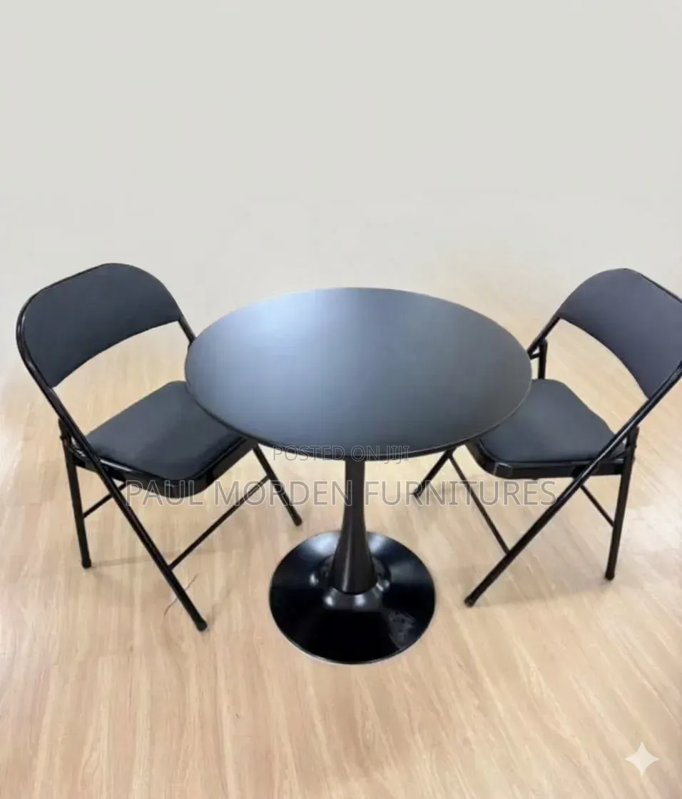 Round Marble Table (Black)+Foldable Chairs