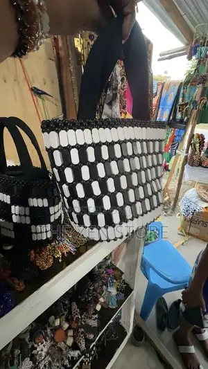 Handbag . Black and White Handbag With Beads