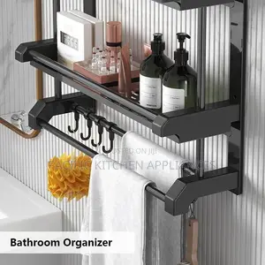 Bathroom Towel Rack Shelf Shower Caddy With 6 Hooks
