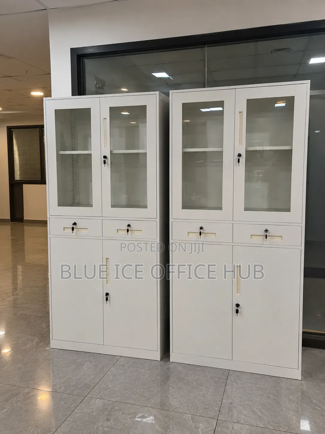Steel Office Storage Cabinet With Glass Doors & Locks.