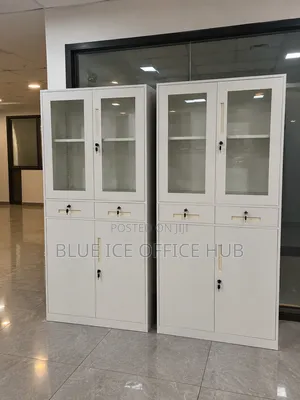 Steel Office Storage Cabinet With Glass Doors & Locks.