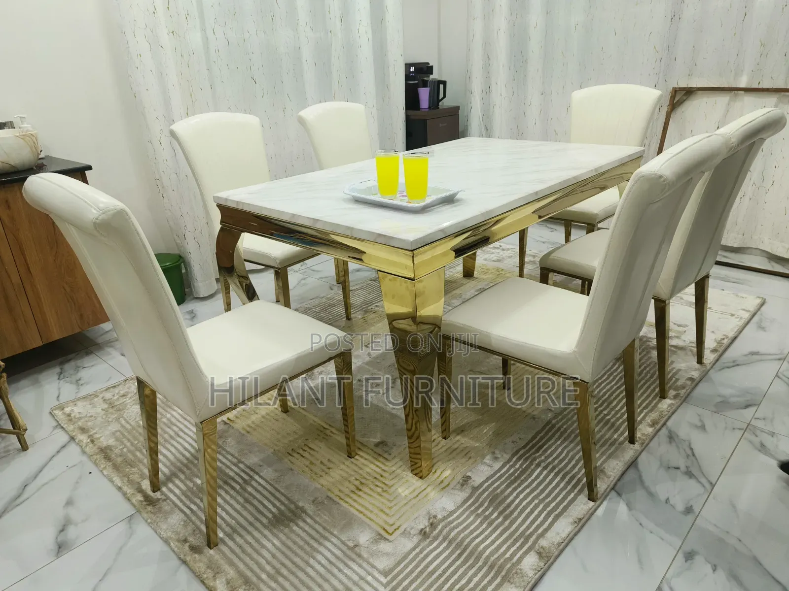 White and Gold Premium Six-Seater Marble Dining