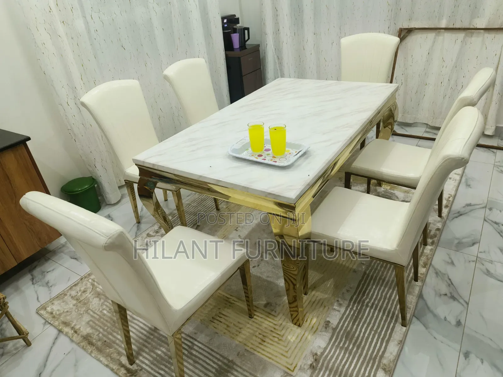 White and Gold Premium Six-Seater Marble Dining